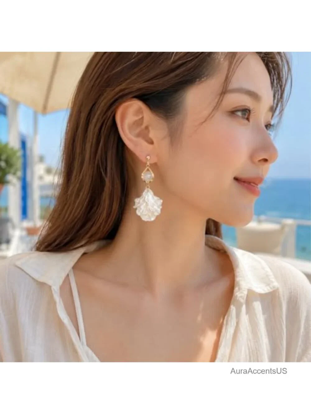 White Shell Petal Drop Earrings Gold Dangle Boho Statement Jewelry